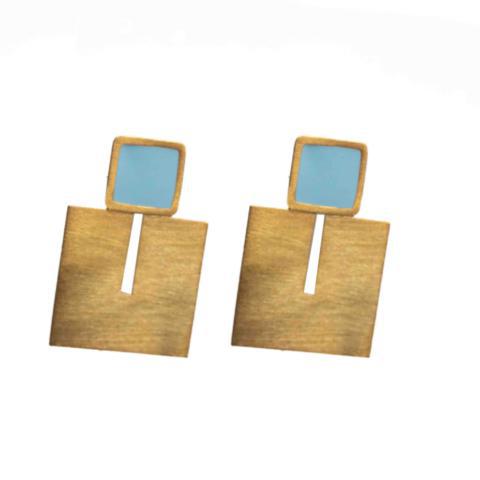 Square Enamel Brass Earrings - Teal