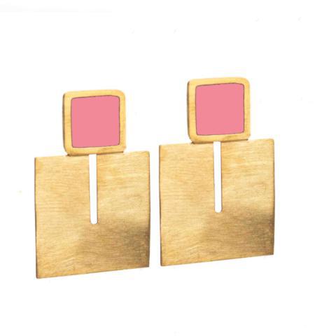 Square Enamel Brass Earrings - Pink