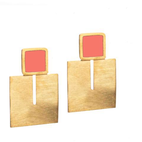 Square Enamel Brass Earrings - Peach
