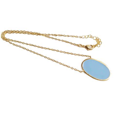 Oval Enamel Brass Necklace - Teal