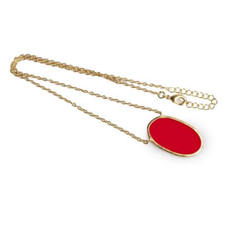 Oval Enamel Brass Necklace - Red