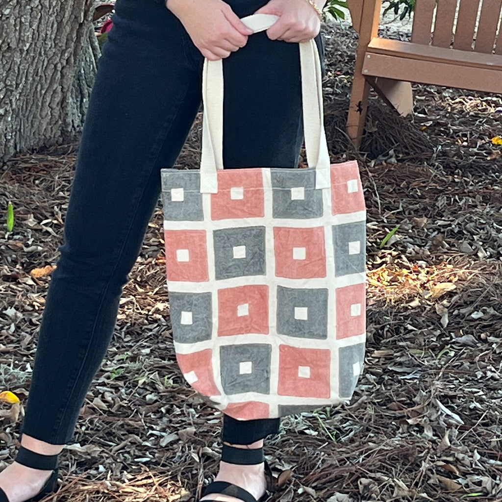 Pink & Grey Squares Cotton Tote