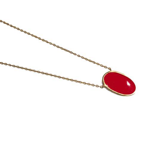 Oval Enamel Brass Necklace - Red