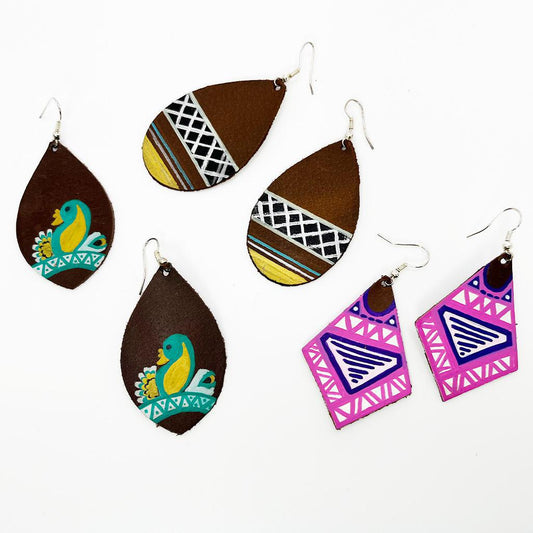Leather Earrings - Hand Painted